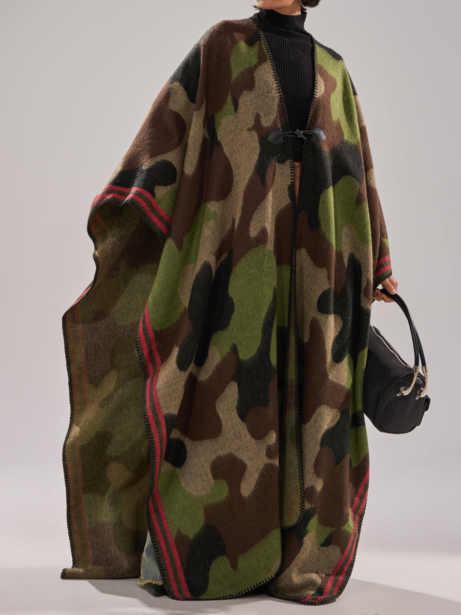 Knitted Camouflage-Print Maxi Poncho