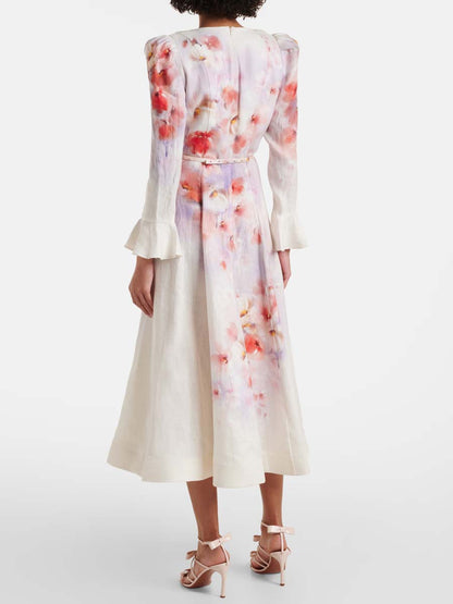 Floral Print Flare Sleeve Elegant Dress