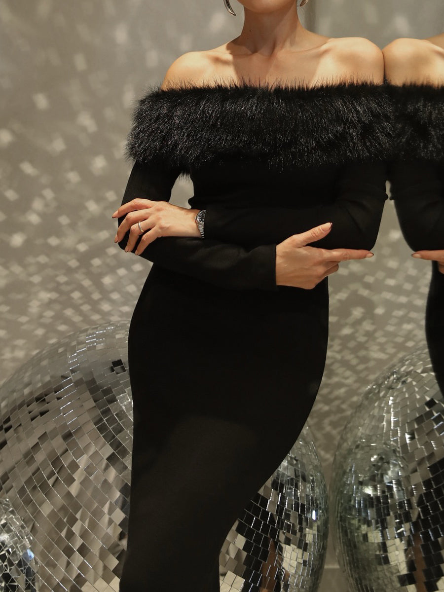 Elegant Off-shoulder Fur Collar Slim-fit Dress