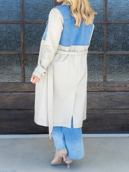 Denim Vest Patchwork Button-down Trench Coat