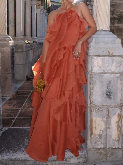 Halter Neck Layered Ruffles Maxi Dress