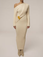 Asymmetric Neck Acrylic Accent Knitted Maxi Dress