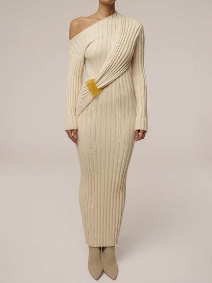 Asymmetric Neck Acrylic Accent Knitted Maxi Dress