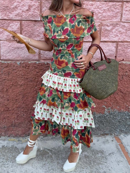 Floral Print Off Shoulder Fold Dress