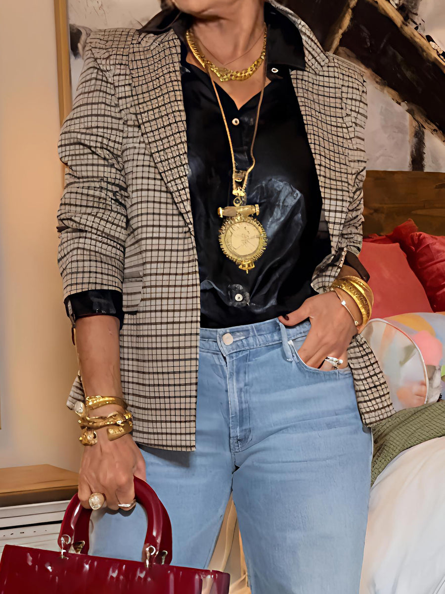 Houndstooth Print Long Sleeve Blazer