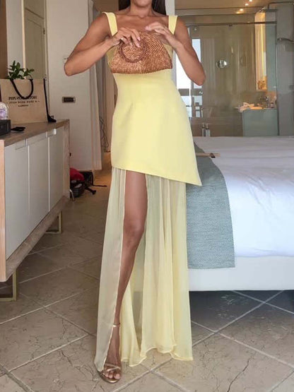 Square Collar Patchwork Chiffon Dress