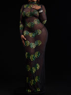 See-through Shinny Flare Sleeve Maxi Dress