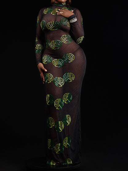 See-through Shinny Flare Sleeve Maxi Dress