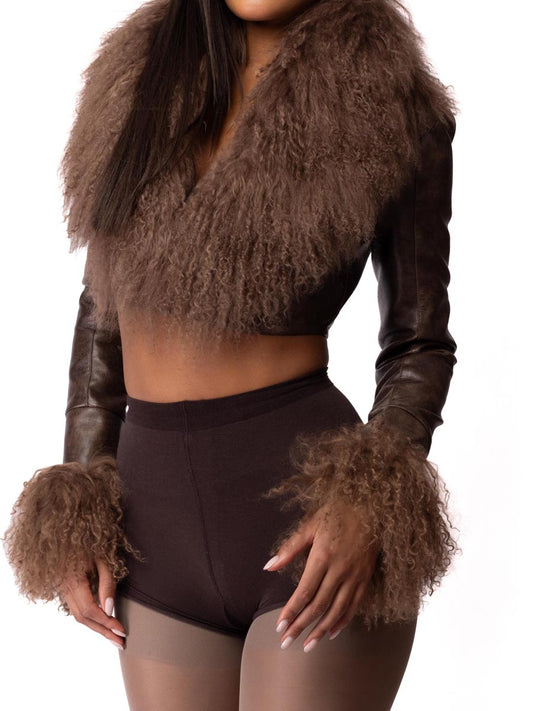 Faux Fur Trims Leather Cropped Jacket