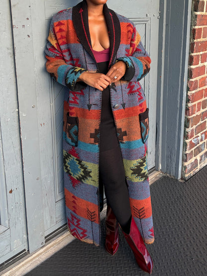 Multicolor Placement Print Long Coat