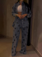Rhinestone Sparkle Flower Print Denim Two Pieces Set