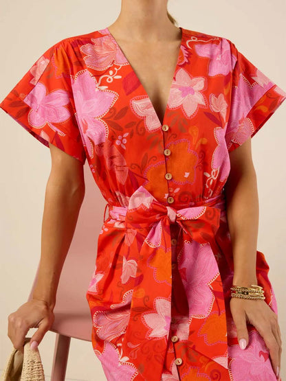 Floral Print V-neck Button-front Belted Dress