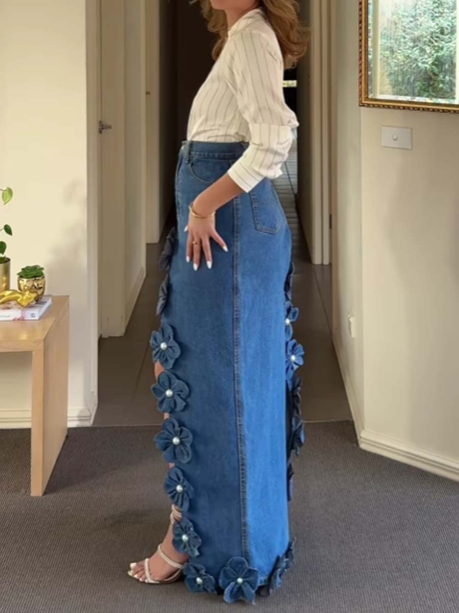 3D Flower Asymmetric Hem Denim Maxi Skirt