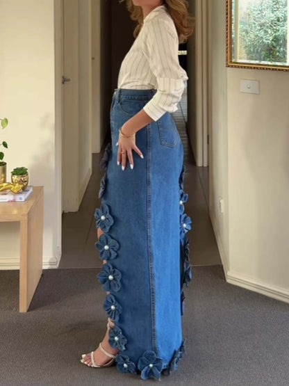 3D Flower Asymmetric Hem Denim Maxi Skirt