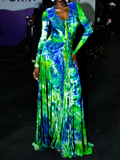 Tie Details Tie Dye Deep V Neck Maxi Dress