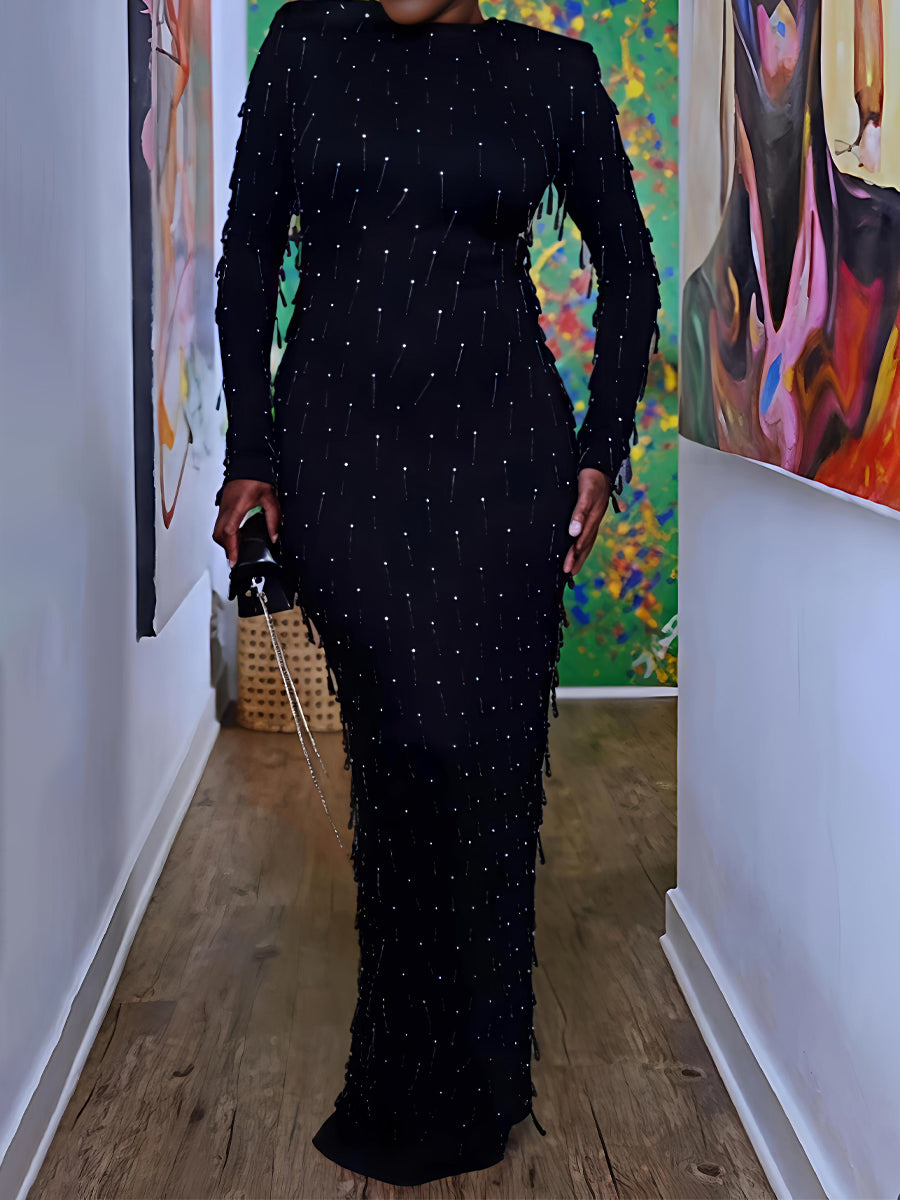 Black Beaded Tassel Maxi Dress
