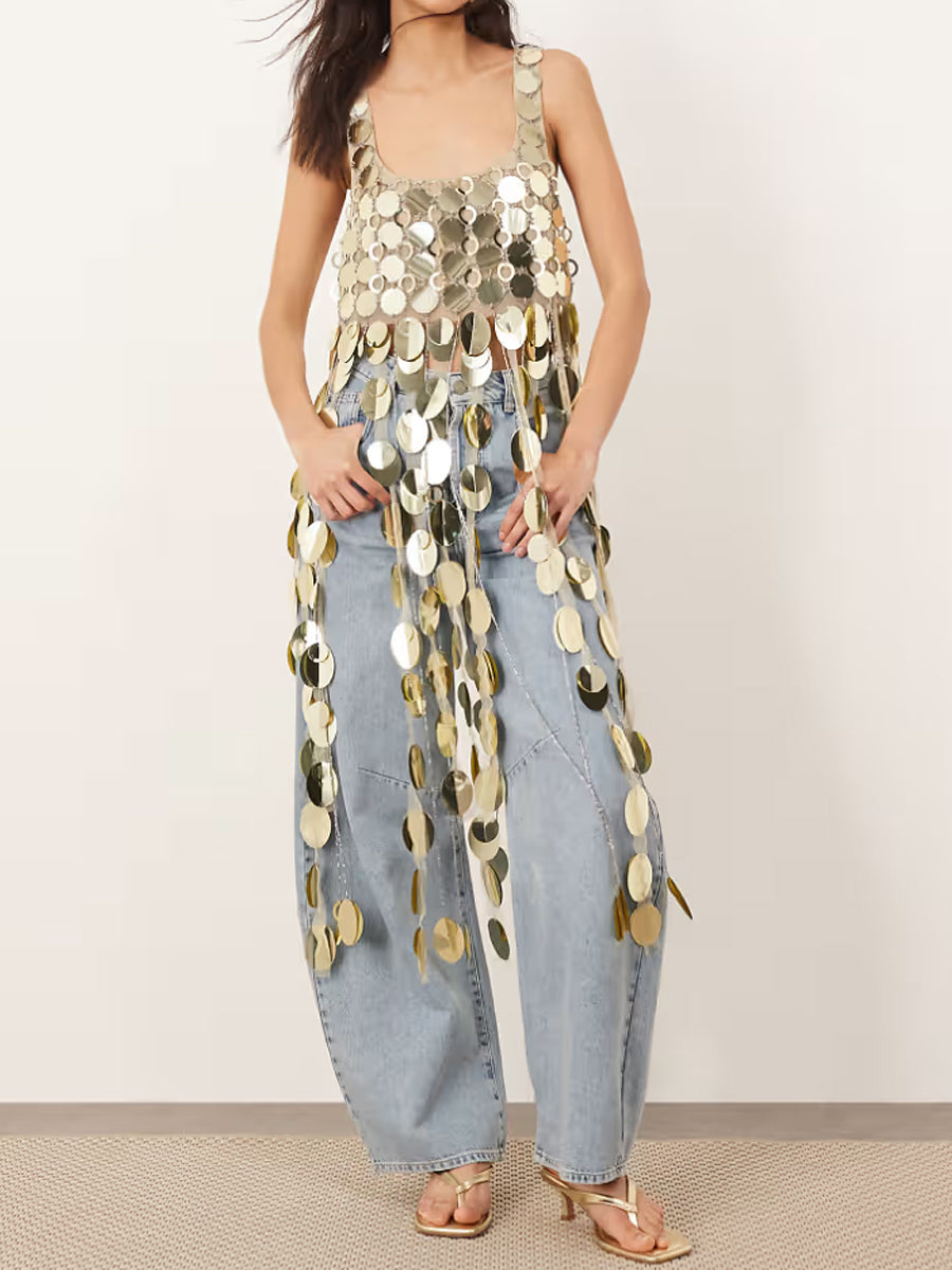 3D Fringe Hem Sequin Top