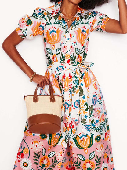 Printed Short Sleeve Midi Dress