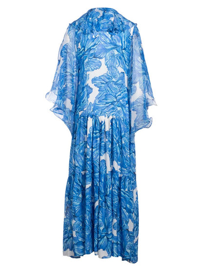 Printed Chiffon Lace Up Neck Maxi Dress