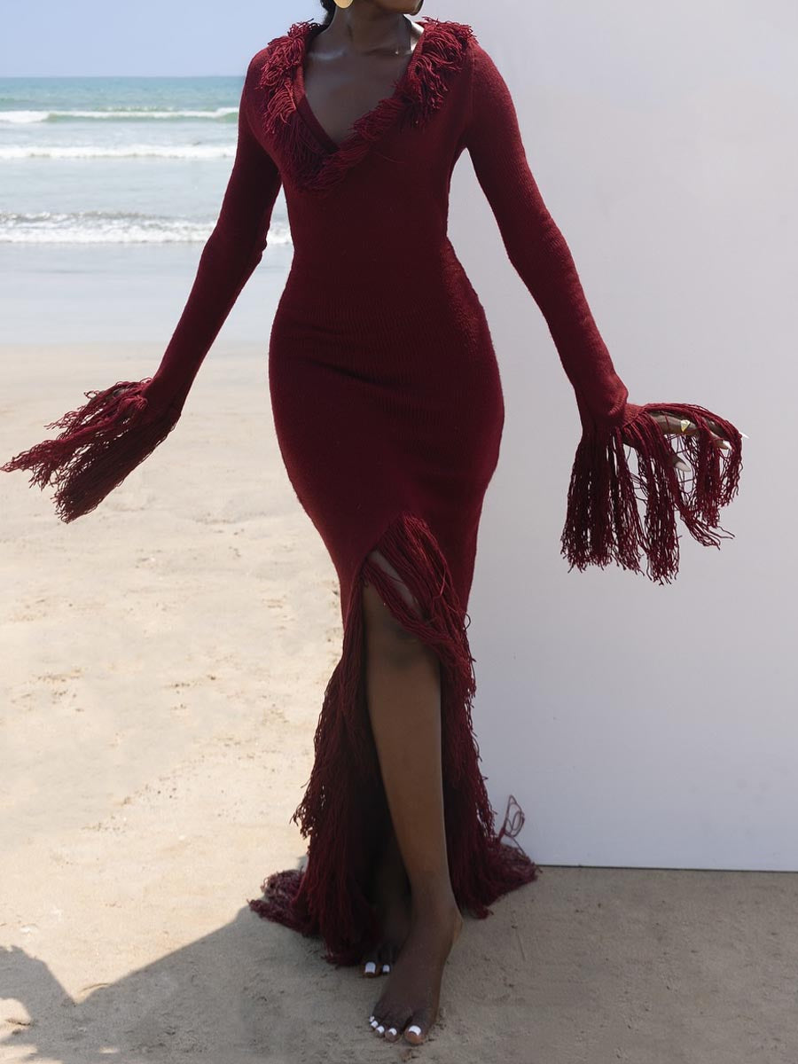 Deep V Neck Fringed Slit Hem Maxi Dress