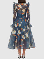 High Collared Neck Printed Ruffled Dress