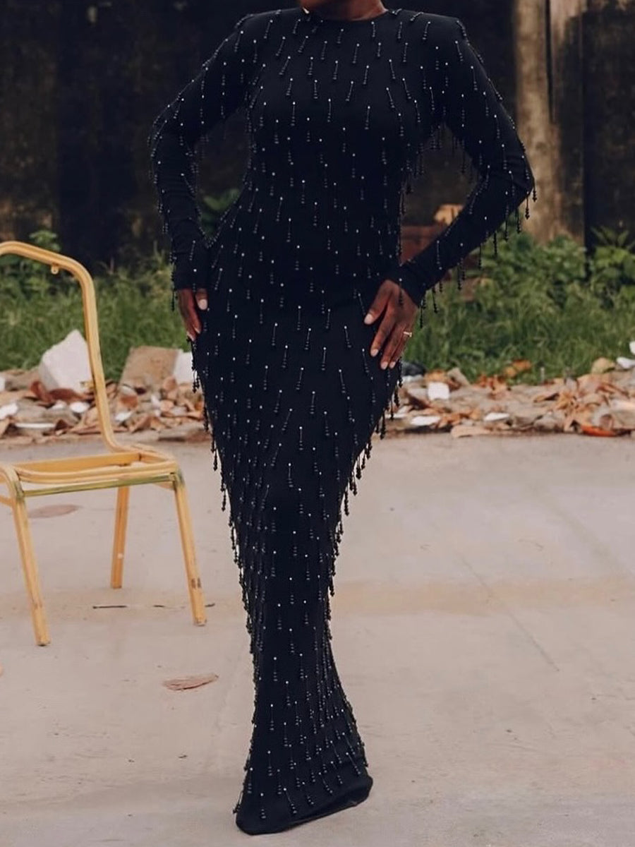 Black Beaded Tassel Maxi Dress