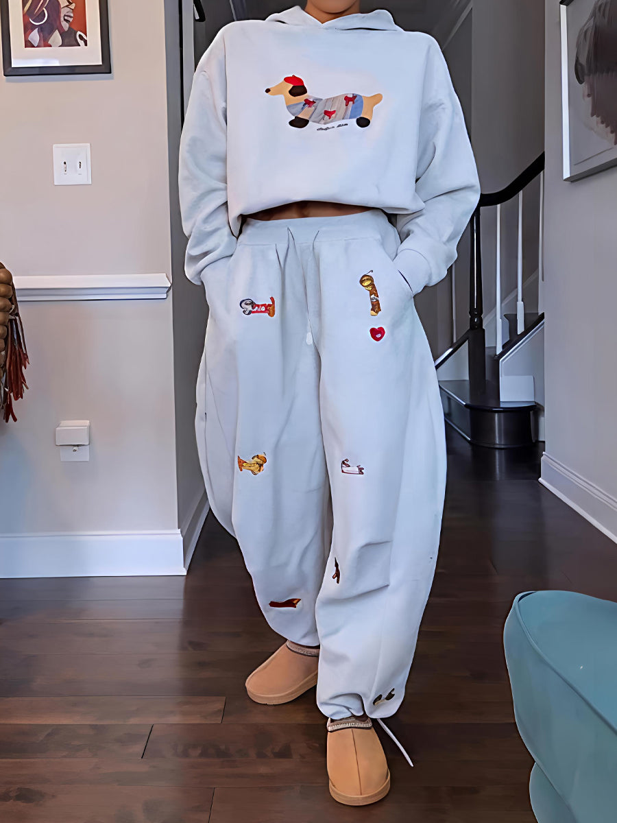 Embroidery Cartoon Dog Hooded Sweatshirt & Sweatpants