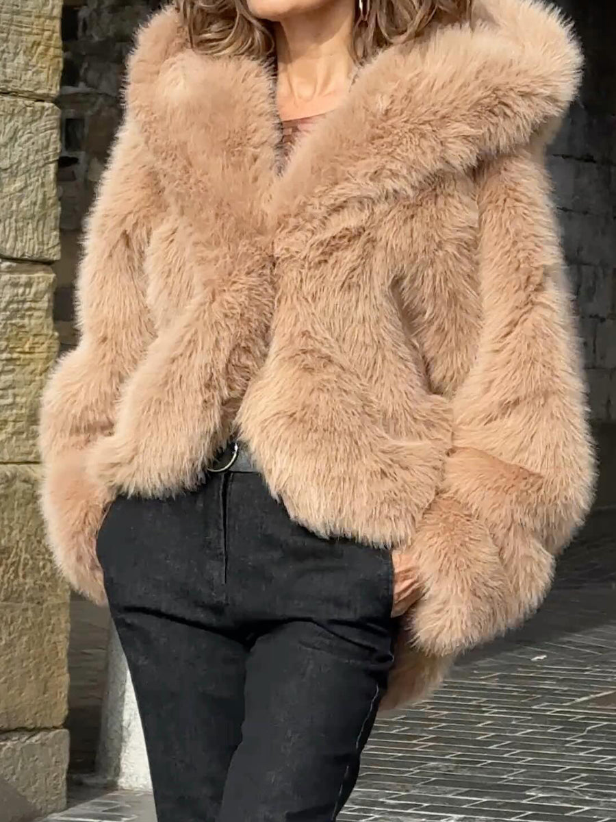 Hooded Collar Faux Fox Fur Coat