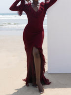 Deep V Neck Fringed Slit Hem Maxi Dress