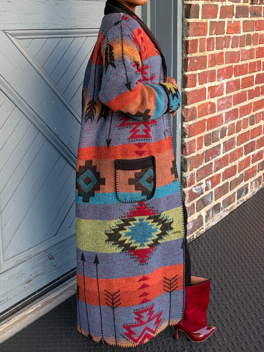 Multicolor Placement Print Long Coat
