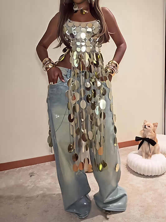 3D Fringe Hem Sequin Top