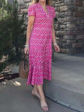Printed V Neck Short Sleeve Dress