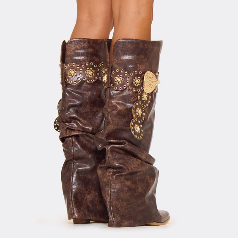 Faux Leather Belt Pointed Toe Boots