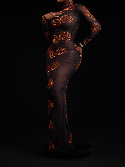 See-through Shinny Flare Sleeve Maxi Dress