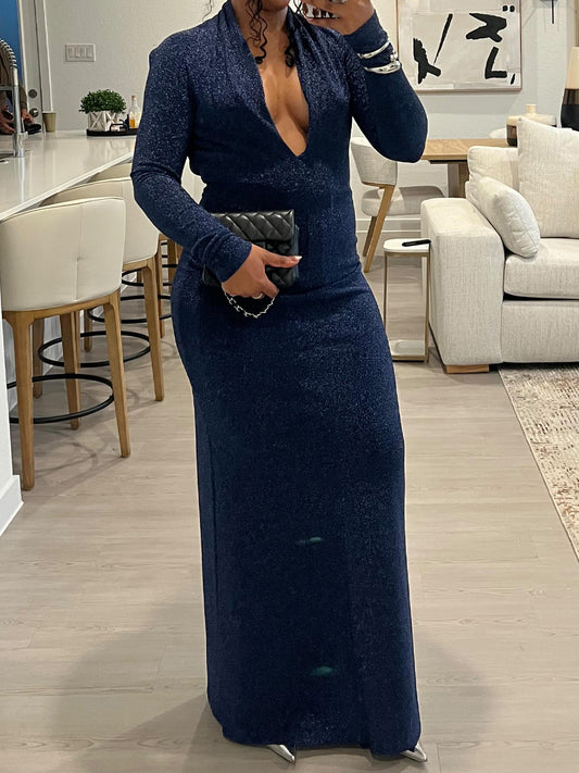 Plunge Neck Long Sleeve Open Back Maxi Dress