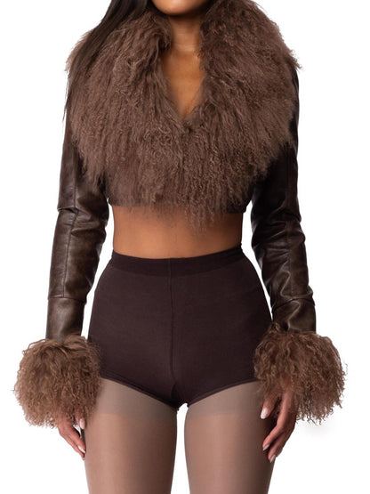 Faux Fur Trims Leather Cropped Jacket