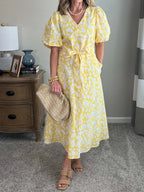 Floral Print V Neck Puff Sleeve Belted Dress