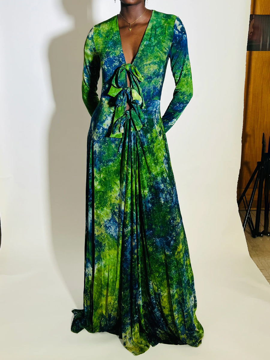 Tie Details Tie Dye Deep V Neck Maxi Dress