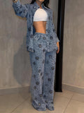 Rhinestone Sparkle Flower Print Denim Two Pieces Set