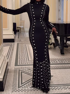 Elegant Mock Neck Studded Maxi Dress