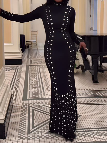 Elegant Mock Neck Studded Maxi Dress