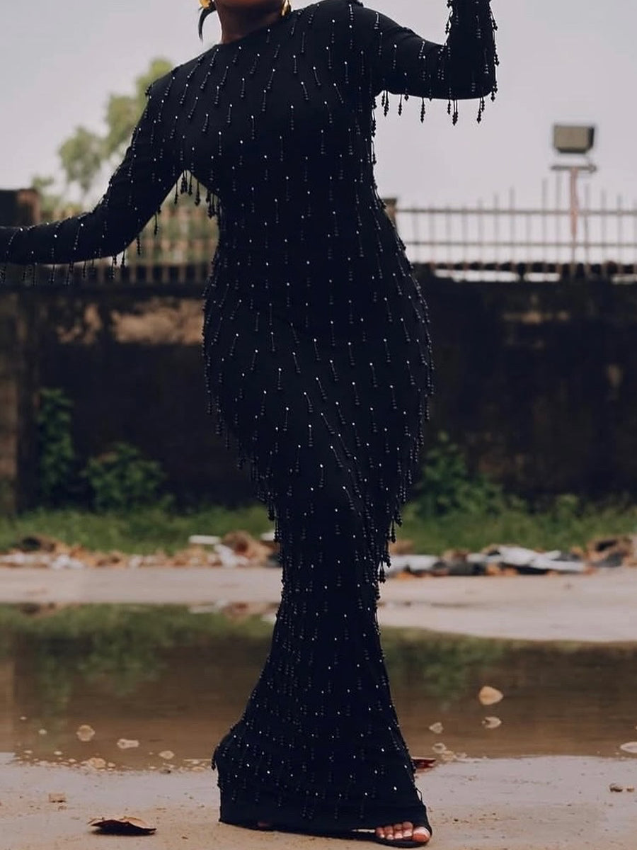 Black Beaded Tassel Maxi Dress