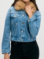 Detachable Faux Fur Collar Denim Jacket
