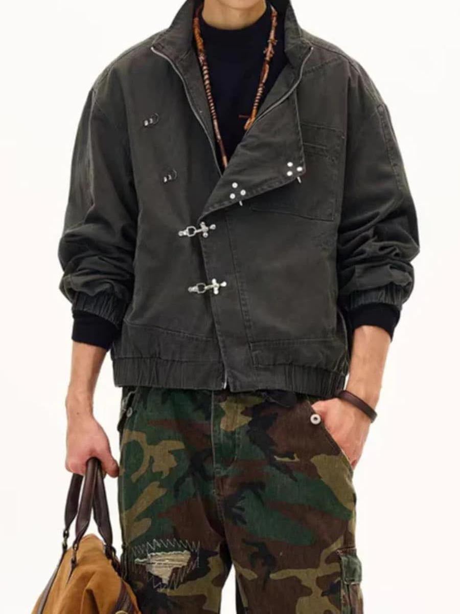 Metal Button Collared Slant Placket Soft Warm Coat