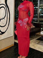 Hot Drilling See-through Feathered Cuffs Dress