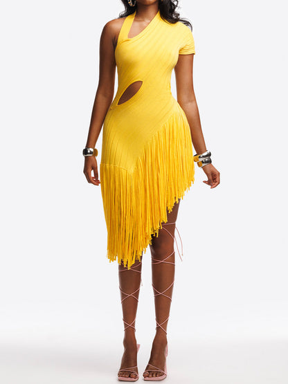 Asymmetric Fringe Cut-out Mini Dress