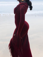 Deep V Neck Fringed Slit Hem Maxi Dress