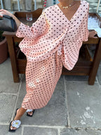 Polka Dot V Neck Pleated Dress
