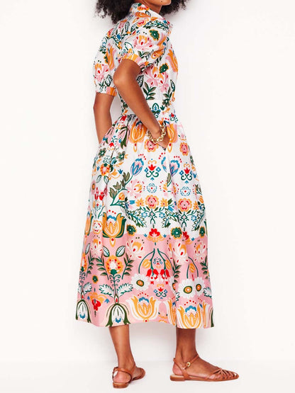 Printed Short Sleeve Midi Dress