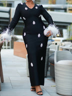 Feather-Trimmed Wrists Gemstone Embellishments Party Dress